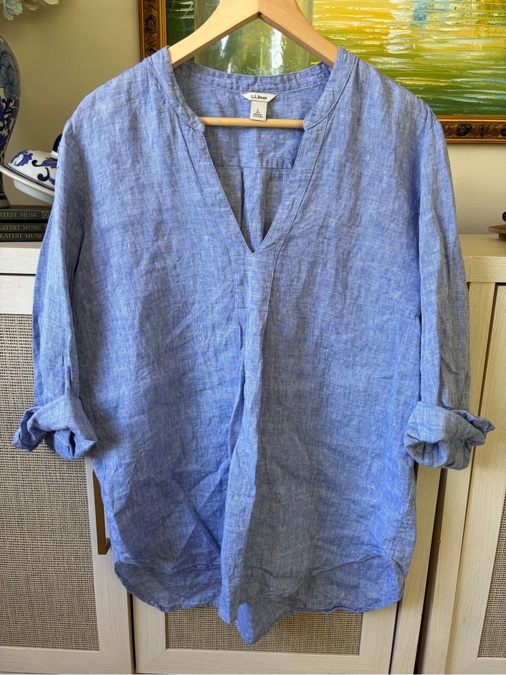 L.L. Bean Classy Blue Linen V-Neck Tunic - Picture 2 of 9